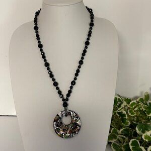 Black Faceted Bead Necklace Round Mosaic Silver Foil Glass Pendant Artisan